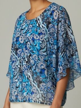 NEW! Blue Abstract-Print Flutter Sleeve Blouse 4369